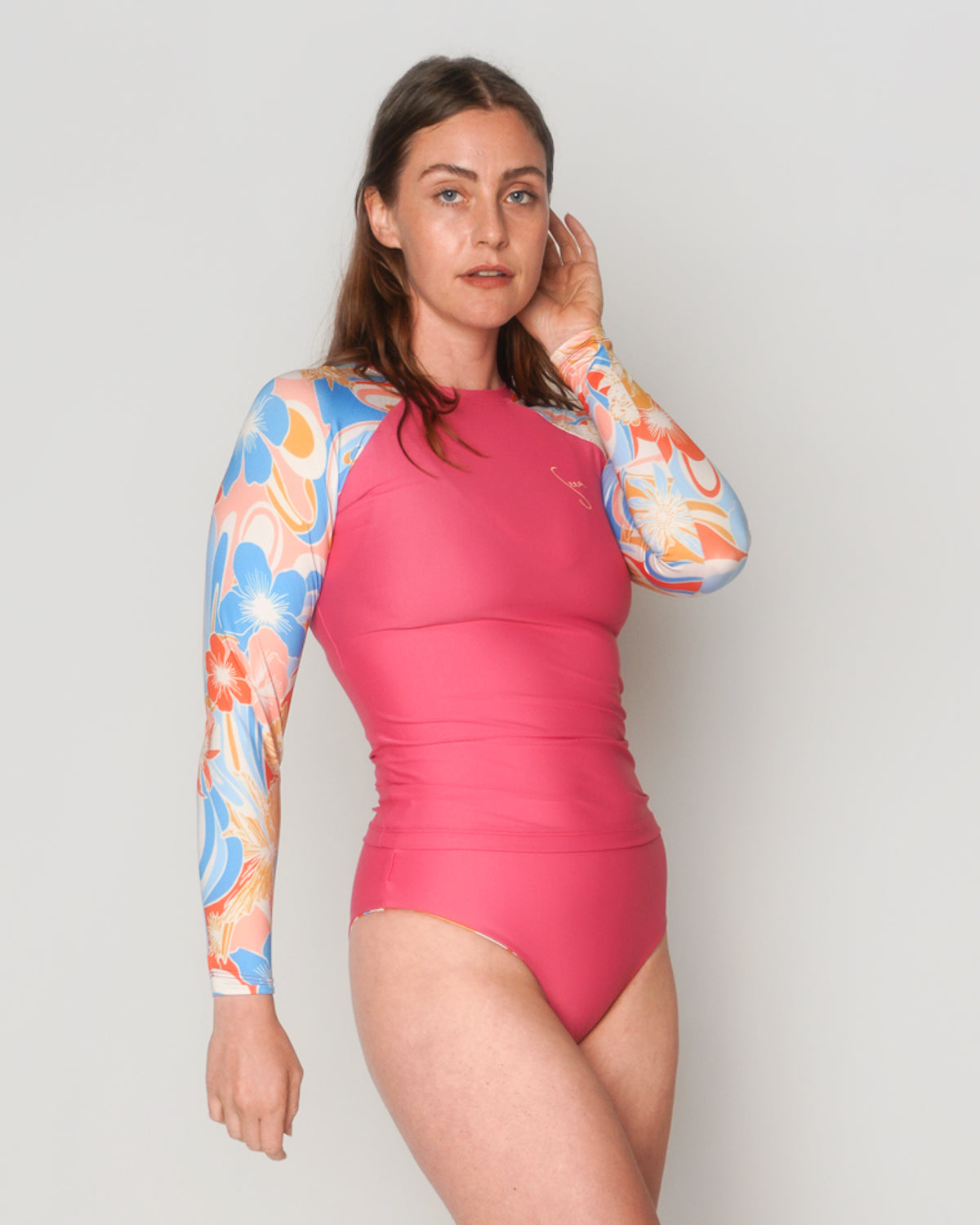 Pink Floral Cut Out Long Sleeve UPF 50+ Rash Guard